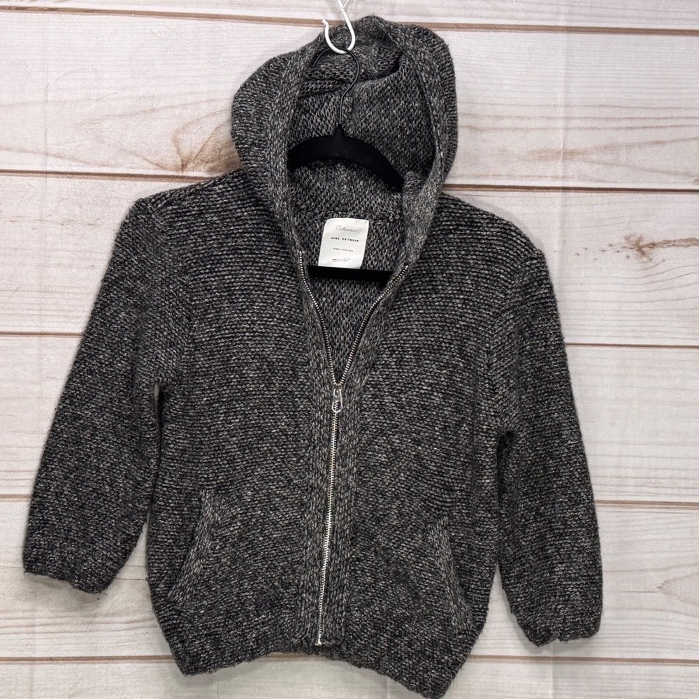 Zara Knitwear Zip Up Hoodie Kids 6-7 Gray Excellent Marl Winter Sweater